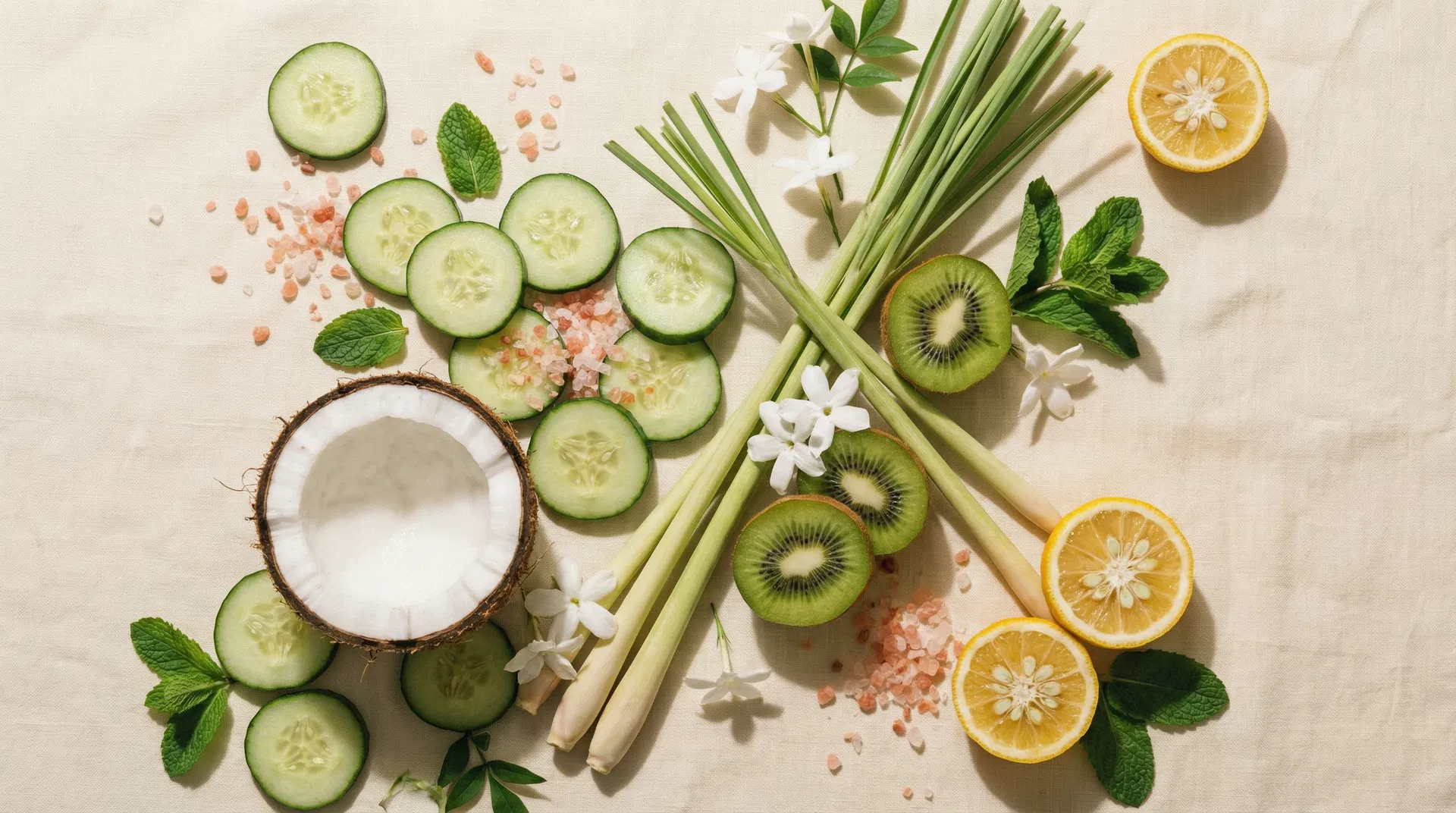 Lune Minerals ingredients — cucumber, mint, coconut, kiwi, lemongrass, jasmine flowers, citrus, and mineral salt on cream linen