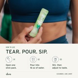 How to use: a woman in workout gear holds up a Cucumber, Lime & Mint stick pack, with icons for each step — tear, pour into 16 oz of water, stir and sip