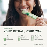 Your ritual, your way: a smiling woman with a Cucumber, Lime & Mint stick pack, above three glasses for the dilution guide — 8 oz for bold, 16 oz everyday, 20–24 oz for light