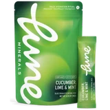 Lune Minerals Cucumber, Lime & Mint electrolyte drink mix pouch of 16 stick packs, with a single stick pack