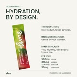 Hydration, by design: a Strawberry, Kiwi & Lemongrass stick pack with trisodium citrate, magnesium bisglycinate, lower osmolality and 500mg sodium, 376mg chloride, 200mg potassium and 50mg magnesium per stick