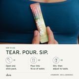 How to use: a woman in workout gear holds up a Strawberry, Kiwi & Lemongrass stick pack, with icons for each step — tear, pour into 16 oz of water, stir and sip