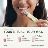 Your ritual, your way: a smiling woman with a Strawberry, Kiwi & Lemongrass stick pack, above three glasses for the dilution guide — 8 oz for bold, 16 oz everyday, 20–24 oz for light