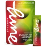 Lune Minerals Strawberry, Kiwi & Lemongrass electrolyte drink mix pouch of 16 stick packs, with a single stick pack