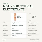 White Peach & Jasmine compared with a typical electrolyte mix: a light, clean finish instead of syrupy or salty, monk fruit and allulose, 0g sugar, magnesium bisglycinate, real fruit powders and 1,126mg of electrolytes