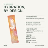 Hydration, by design: a White Peach & Jasmine stick pack with trisodium citrate, magnesium bisglycinate, lower osmolality and 500mg sodium, 376mg chloride, 200mg potassium and 50mg magnesium per stick