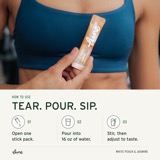 How to use: a woman in workout gear holds up a White Peach & Jasmine stick pack, with icons for each step — tear, pour into 16 oz of water, stir and sip