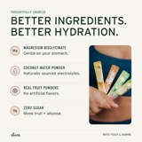 Better ingredients, better hydration: magnesium bisglycinate, real coconut water powder, real fruit powders and zero sugar, beside a hand holding all four Lune stick packs
