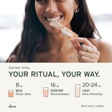 Your ritual, your way: a smiling woman with a White Peach & Jasmine stick pack, above three glasses for the dilution guide — 8 oz for bold, 16 oz everyday, 20–24 oz for light