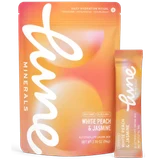 Lune Minerals White Peach & Jasmine electrolyte drink mix pouch of 16 stick packs, with a single stick pack