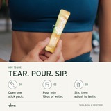 How to use: a woman in workout gear holds up a Yuzu, Basil & Honeydew stick pack, with icons for each step — tear, pour into 16 oz of water, stir and sip