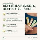 Better ingredients, better hydration: magnesium bisglycinate, real coconut water powder, real fruit powders and zero sugar, beside a hand holding all four Lune stick packs