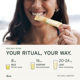 Your ritual, your way: a smiling woman with a Yuzu, Basil & Honeydew stick pack, above three glasses for the dilution guide — 8 oz for bold, 16 oz everyday, 20–24 oz for light
