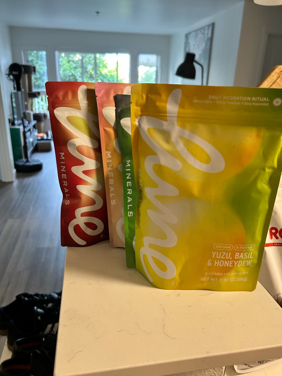 Customer photo: all four Lune Minerals flavor pouches lined up on a counter